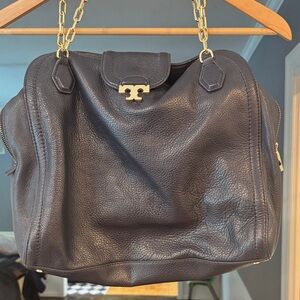 Tory Burch Navy Leather Tote Sammy Satchel Shoulder Bag with Gold Accents